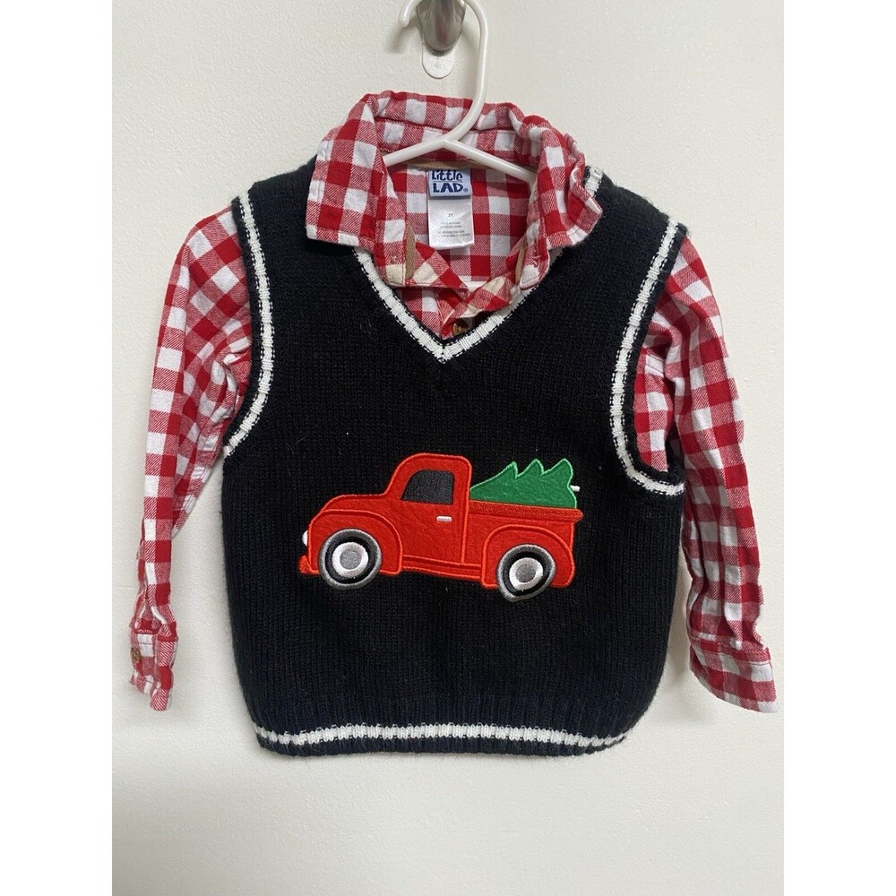 Little Lad Red Truck Sweater Vest And Plaid Red And White Long Sleeve 2T Boys